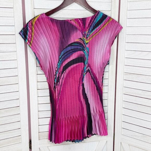 Vintage Y2K Milano Printed Accordion Pleat Stretchy V Neck Blouse Pink Medium‎ - Picture 8 of 12